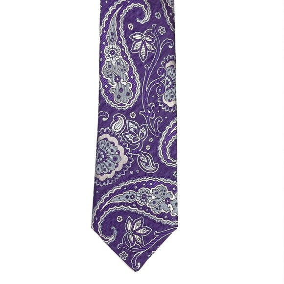 David Donahue Tie Men Silk Purple Light Blue Silver Paisley Necktie Woven Italy - Picture 6 of 12
